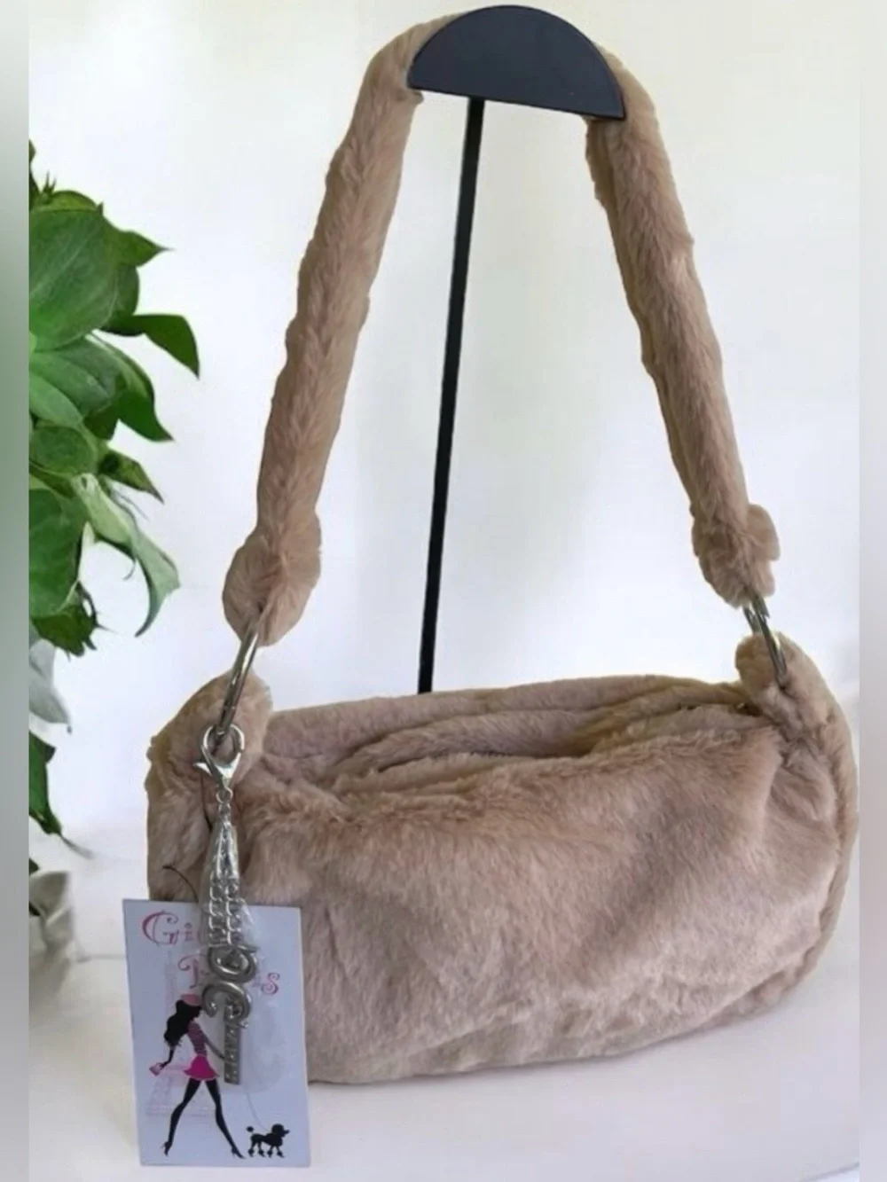 Gilda Paris Faux Fur Mini Shoulder Bag Tan Y2K Baguette NWT